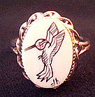 Vintage Sterling Silver Scrimshaw Hummingbird Ring Signed
