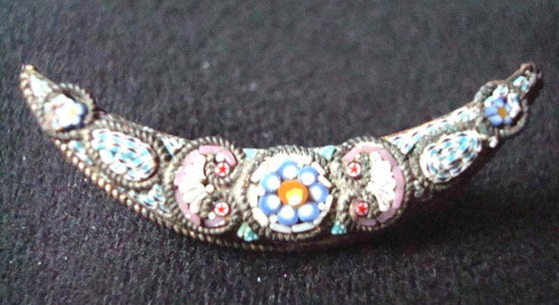 Micromosaic Crescent Shaped Pin / Brooch Italy c. 1900