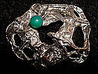 Vintage Mod Sterling Silver Brutalist Pin with Green Stone circa 1970