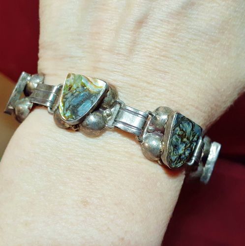 Vintage Sterling Mexican Abalone Link Bracelet Colorful circa 1940