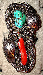 Large Sterling Coral Turquoise Native American Ring