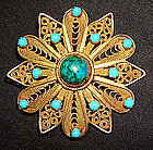 Vintage Turquoise Eilat Brooch Pendant Gold and Sterling Silver