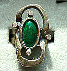 Mod Design Silver Ring with Green Glass Cabochon circa 1950s