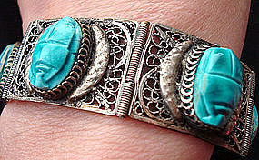 Egyptian Revival Silver Scarab Hinge Link Bracelet