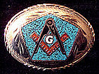 Large Freemason Turquoise Coral Chip Inlay Belt Buckle