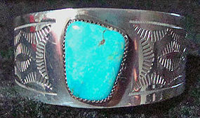 Vintage Navajo Turquoise Silver Cuff Bracelet Signed By Artist 1975