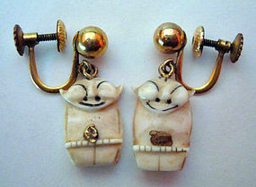 Vintage Billiken 14K Gold Ivory Earrings Signed