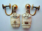 Vintage Billiken 14K Gold Ivory Earrings Signed
