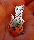 Vintage Mexican Cat Character Pin Sterling Abalone Taxco Mexico