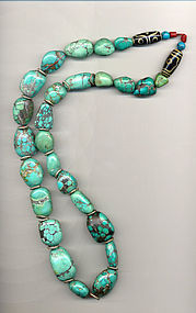 Tibetan Turquoise Bead Necklace with 2 Glass dZi Beads