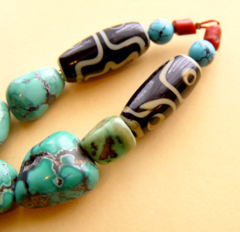 Tibetan Turquoise Bead Necklace with 2 Glass dZi Beads