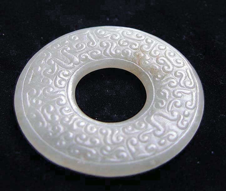 Chinese Curl Design White Jade Bi Disc - 18th C.