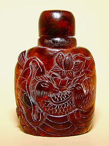Chinese Amber Snuff Bottle with Birds & Florals