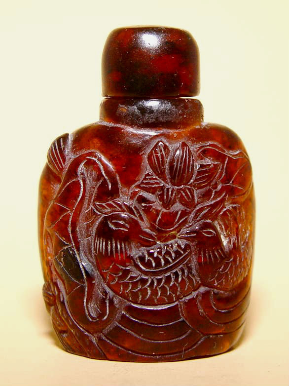 Chinese Amber Snuff Bottle with Birds & Florals