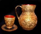 Burmese Lacquered Gilded Pitcher Cup & Saucer Set - 19th Century