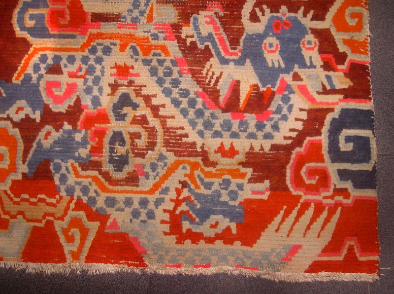 Tibetan Temple Prayer Carpet with two Dragons. 19th Century