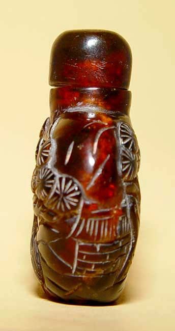 Chinese Natural Amber Snuff Bottle with Two Cranes