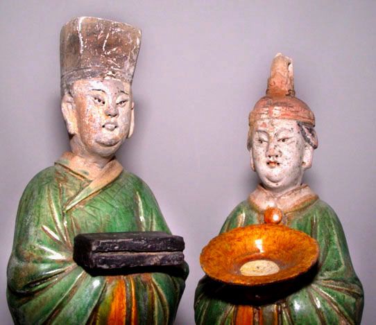 Rare Large Matching Pair of Sansai Ming Attendants 1368 - 1644 AD