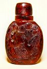 Chinese Amber Snuff Bottle w/Phoenix,Bat & Holy Man