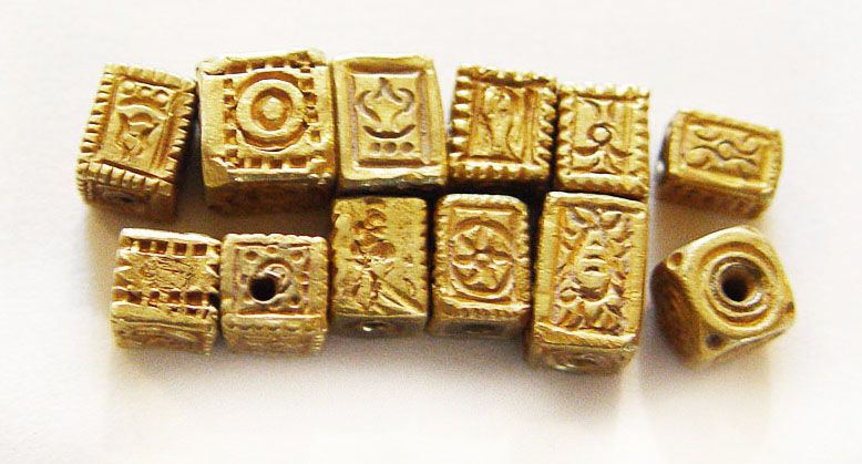 Twelve Assorted Ancient Square Gold Pyu Beads 100 -500 AD