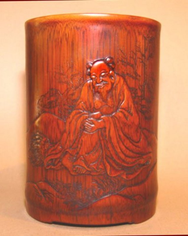 A Bamboo Brush Pot Holder w/ Seated Sage Contemplating