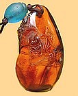 Chinese Carved Amber w/Two Bats & Three Coins - 19th C