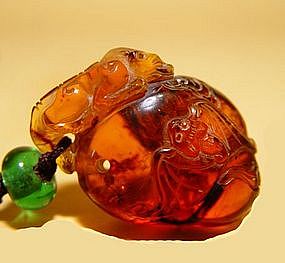 Chinese Amber Carved Bats & Mythical Beast