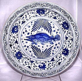 Lg. Chinese Blue & White Charger - Yuan Style - 19th C.