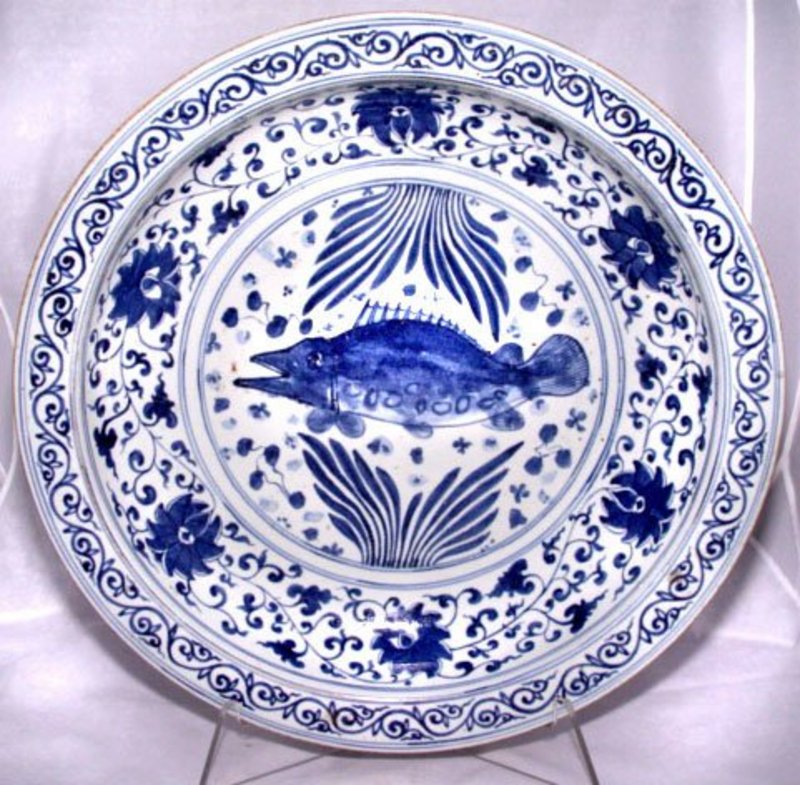 Lg. Chinese Blue &amp; White Charger - Yuan Style - 19th C.