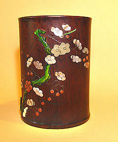 Chinese Bruspot Holder Inlaid w/Florals & Poem - 18th C