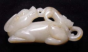 Chinese Jade of Mythical Animal w/ Child - Qing Dynasty