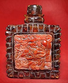 Chinese Amber Snuff Bottle and Carved Coral Tiles