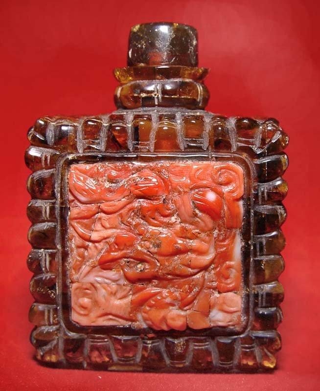 Chinese Amber Snuff Bottle and Carved Coral Tiles