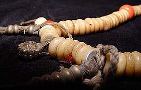 Tibetian Prayer Bead Necklace of Bone & Pink Coral