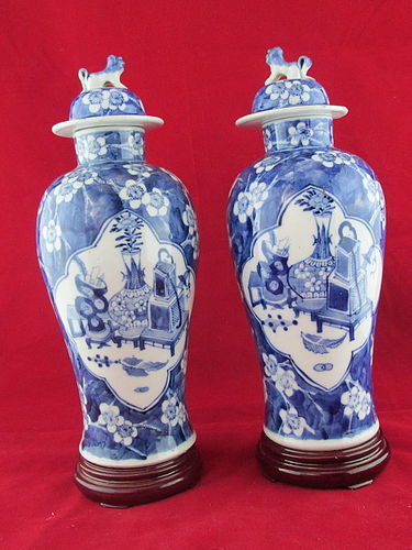 Pair Of Antique  Blue And White  Lidded Vases   Kangi Mark