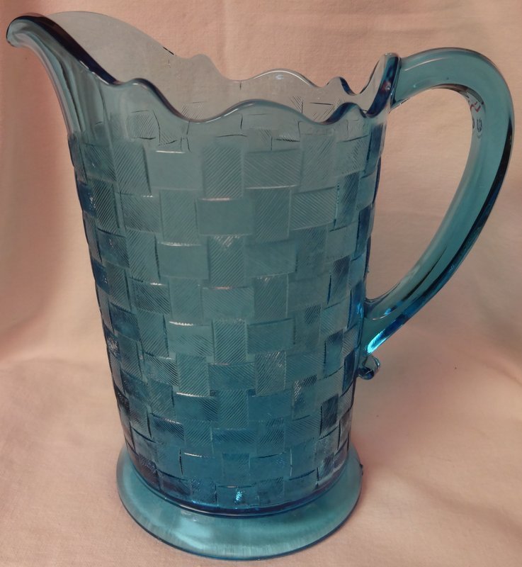 Basketweave Blue Pitcher 8.75&quot; Co Operative Flint Glass Company