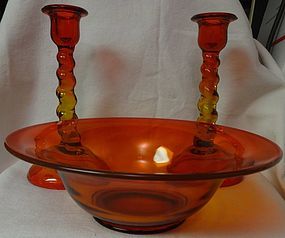 Amberina Bowl 9.5" & Pair Twist Candleholders 8 1/8" Tiffin Glass
