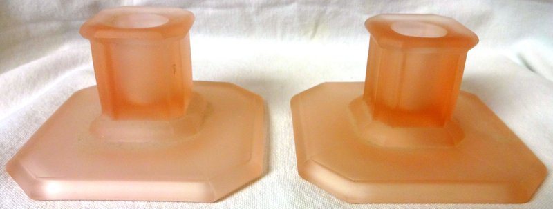 Pink Satin Pair Square Candlesticks 4&quot; Tiffin Glass Company