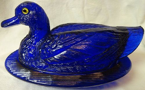 Duck on a Nest Cobalt 8" Yellow Eyes Westmoreland Glass Company
