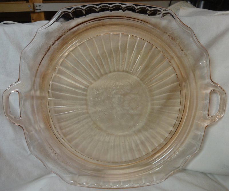Mayfair Pink Cake Plate Handled 12&quot; Hocking Glass Company