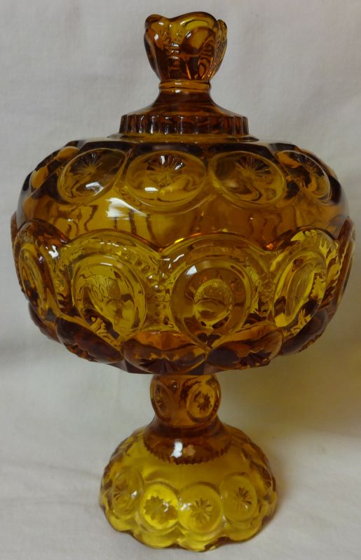 Moon &amp; Star Amber Covered Comport 10&quot; Tall 6.25&quot; Across L E Smith
