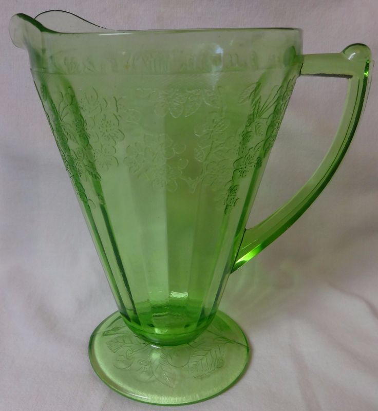 Cherry Blossom Green PAT Pitcher Footed 7.75&quot; 36 oz Jeannette Glass