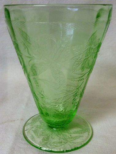 Floral Green Juice Tumbler Footed 4" 5 oz Jeannette Glass Company