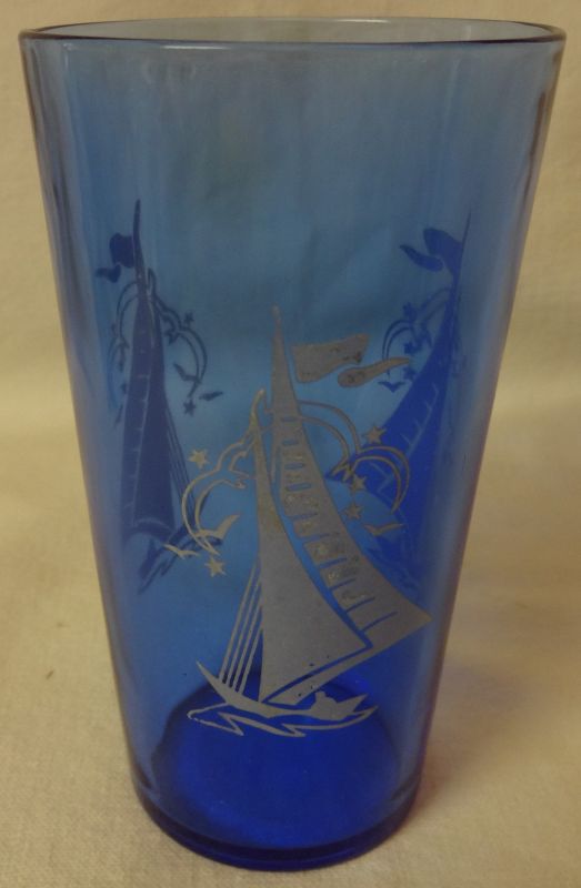 Fancy Ships Ritz Blue Tumbler 4 7/8&quot; Hazel Atlas Glass Company