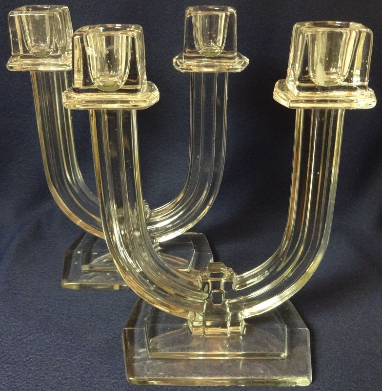New Era Crystal Candlestick Pair 2 lite 7.75&quot; 6.25&quot; Spread Heisey