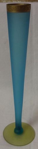 Minton Gold Encrusted Bud Vase Blue & Canary Satin 10.75" Tiffin Glass