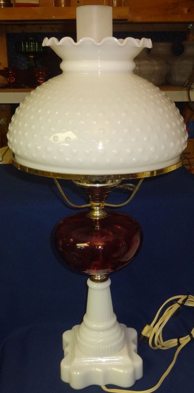 Electric Cranberry Lamp 23&quot; with Hobnail Milkglass Shade 10&quot;