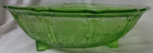 Cherry Blossom Green Bowl 10.5" 3 Footed Jeannette Glass Company