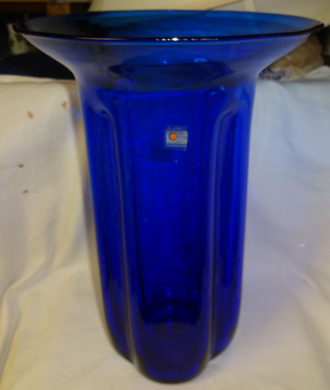 Ribbed Vase 13.5&quot; Blue Flared Rim Blenko Glass