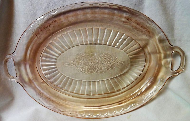 Mayfair Pink Oval Platter 12&quot; Open Handles Hocking Glass Company
